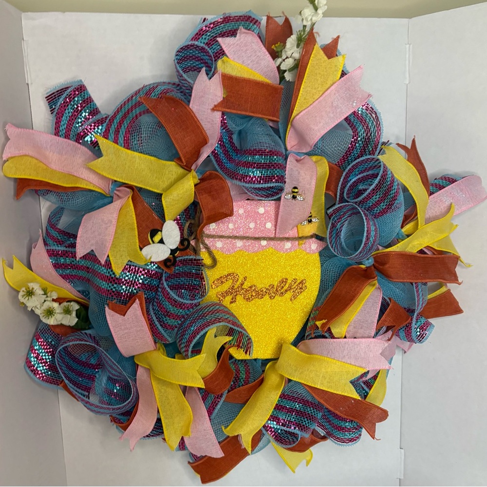 Handmade Colorful Spring Wreath with Pink, Teal & Yellow Accents
